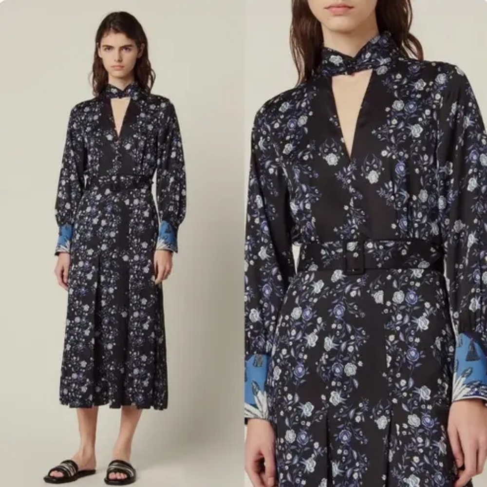 Sandro Black Midi Dress with Blue Floral Design